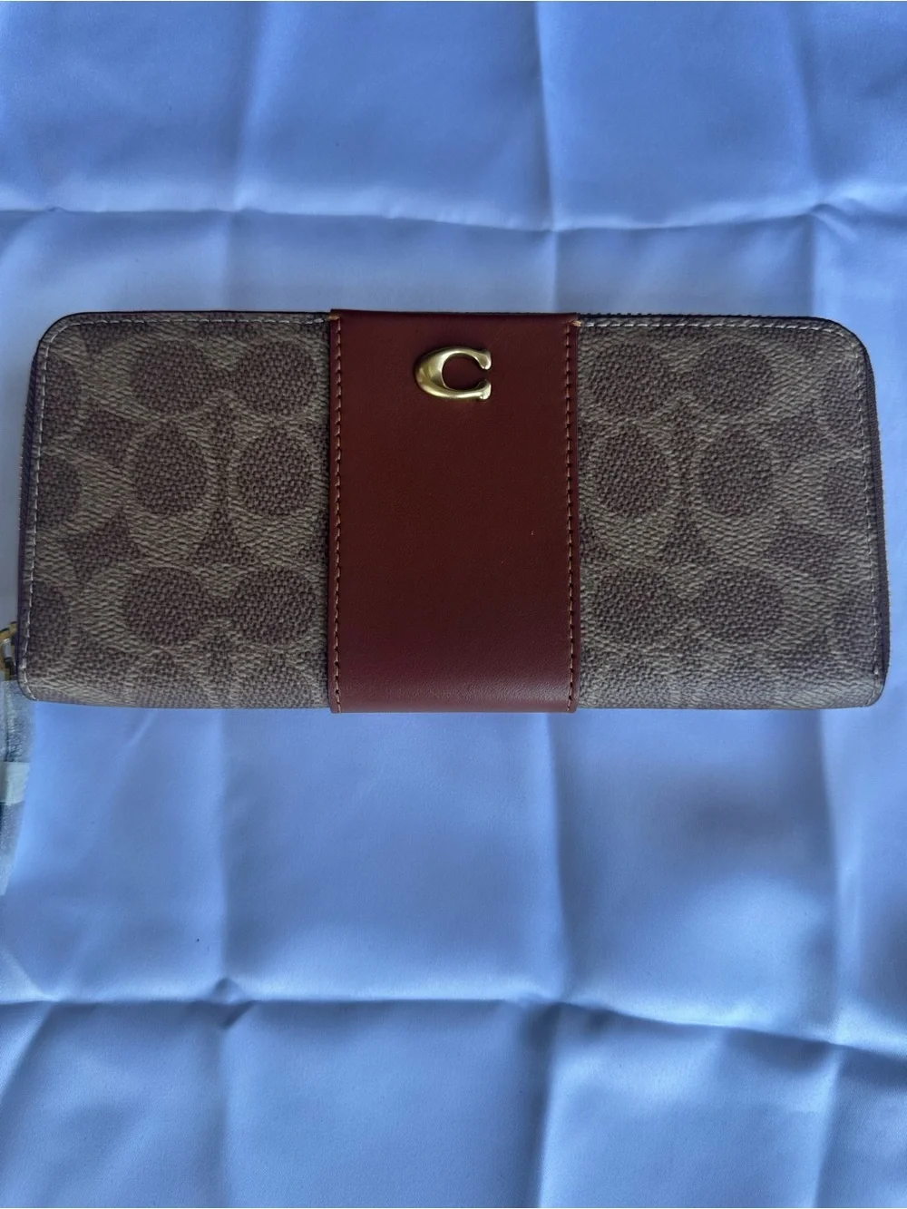 Coach Signature Zip Wallet with Maroon Center Panel and Gold 'C'